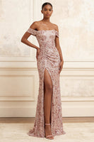 Load image into Gallery viewer, Sparkly Beaded Off the Shoulder Blush Long Floral Prom Dress with Slit