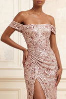 Load image into Gallery viewer, Sparkly Beaded Off the Shoulder Blush Long Floral Prom Dress with Slit