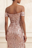 Load image into Gallery viewer, Sparkly Beaded Off the Shoulder Blush Long Floral Prom Dress with Slit