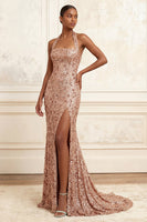 Load image into Gallery viewer, Halter Beaded Sparkly Floral Blush Long Prom Dress with Slit