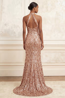 Load image into Gallery viewer, Halter Beaded Sparkly Floral Blush Long Prom Dress with Slit