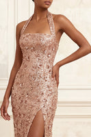 Load image into Gallery viewer, Halter Beaded Sparkly Floral Blush Long Prom Dress with Slit