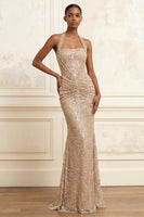 Load image into Gallery viewer, Halter Mermaid Sparkly Beaded Ruched Champagne Long Prom Dress