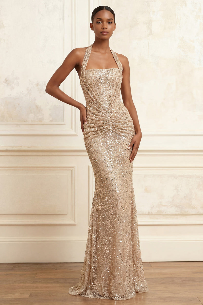 Load image into Gallery viewer, Halter Mermaid Sparkly Beaded Ruched Champagne Long Prom Dress