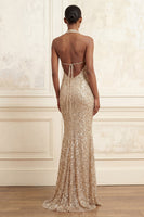 Load image into Gallery viewer, Halter Mermaid Sparkly Beaded Ruched Champagne Long Prom Dress