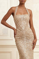 Load image into Gallery viewer, Halter Mermaid Sparkly Beaded Ruched Champagne Long Prom Dress