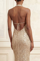 Load image into Gallery viewer, Halter Mermaid Sparkly Beaded Ruched Champagne Long Prom Dress
