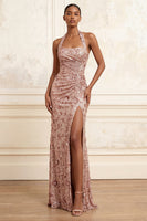 Load image into Gallery viewer, Halter Ruched Sparkly Blush Beaded Long Floral Prom Dress with Slit