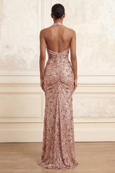 Halter Ruched Sparkly Blush Beaded Long Floral Prom Dress with Slit
