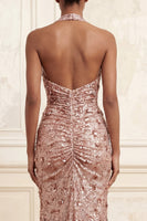 Load image into Gallery viewer, Halter Ruched Sparkly Blush Beaded Long Floral Prom Dress with Slit