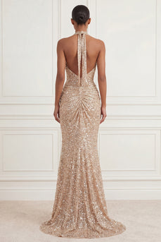 Sparkly Champagne Long Ruched Halter Beaded Prom Dress with Slit