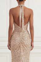 Load image into Gallery viewer, Sparkly Champagne Long Ruched Halter Beaded Prom Dress with Slit