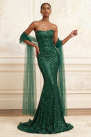 Load image into Gallery viewer, Strapless Sparkly Mermaid Dark Green Beaded Long Evening Dress with Shawl