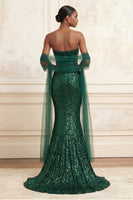 Load image into Gallery viewer, Strapless Sparkly Mermaid Dark Green Beaded Long Evening Dress with Shawl
