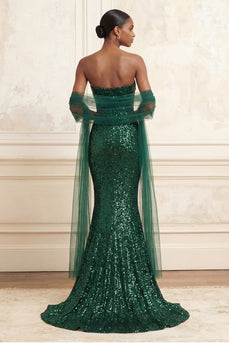 Strapless Sparkly Mermaid Dark Green Beaded Long Evening Dress with Shawl
