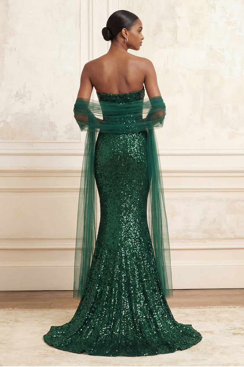 Load image into Gallery viewer, Strapless Sparkly Mermaid Dark Green Beaded Long Evening Dress with Shawl