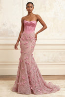 Load image into Gallery viewer, Floral Corset Basque Waist Pink Strapless Long Mermaid Prom Dress