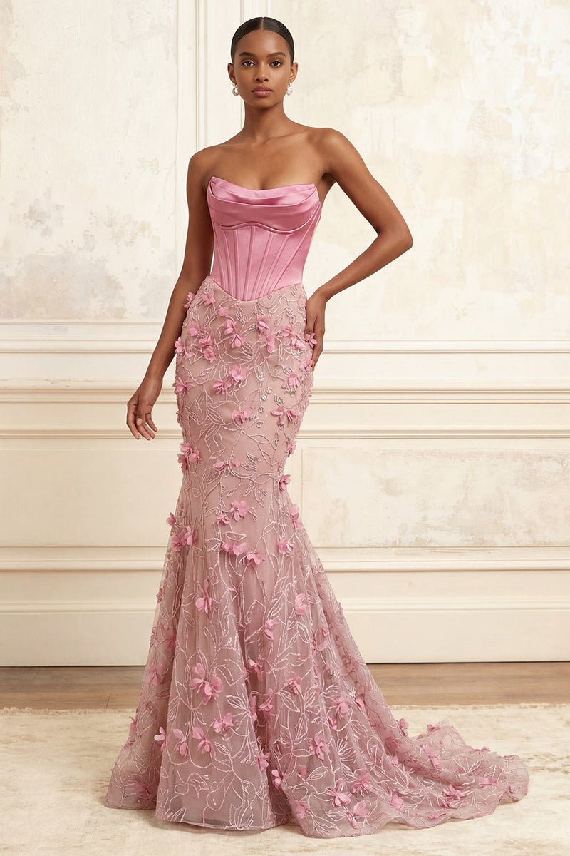 Load image into Gallery viewer, Floral Corset Basque Waist Pink Strapless Long Mermaid Prom Dress