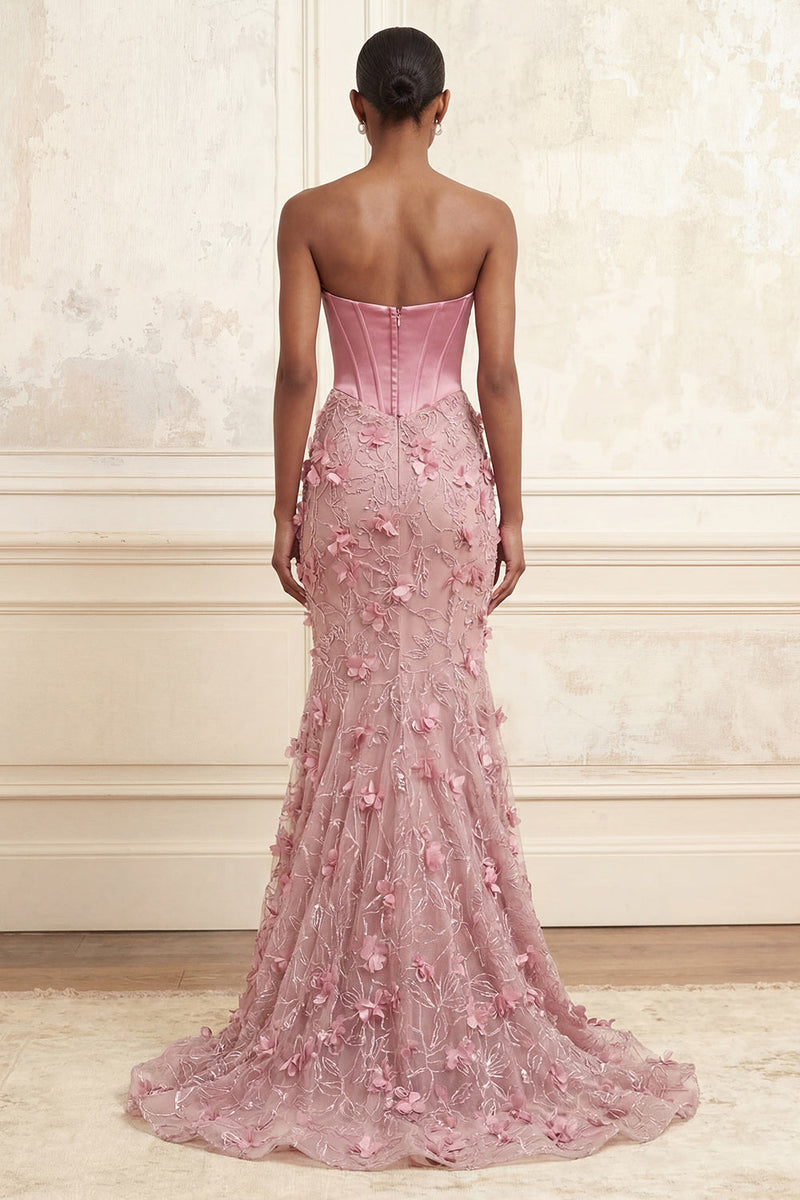 Load image into Gallery viewer, Floral Corset Basque Waist Pink Strapless Long Mermaid Prom Dress