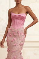 Load image into Gallery viewer, Floral Corset Basque Waist Pink Strapless Long Mermaid Prom Dress