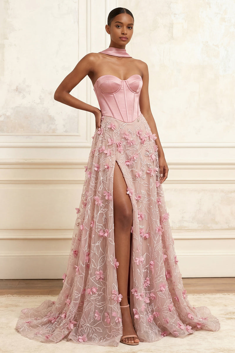 Load image into Gallery viewer, Corset A Line Floral Pink Basque Waist Strapless Long Prom Dress with Slit
