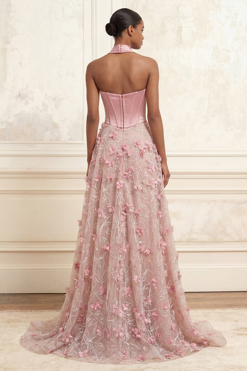 Load image into Gallery viewer, Corset A Line Floral Pink Basque Waist Strapless Long Prom Dress with Slit