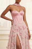 Load image into Gallery viewer, Corset A Line Floral Pink Basque Waist Strapless Long Prom Dress with Slit