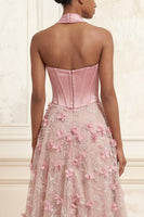 Load image into Gallery viewer, Corset A Line Floral Pink Basque Waist Strapless Long Prom Dress with Slit