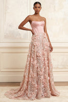 Load image into Gallery viewer, A Line Floral Corset Sparkly Strapless Blush Long Beaded Prom Dress