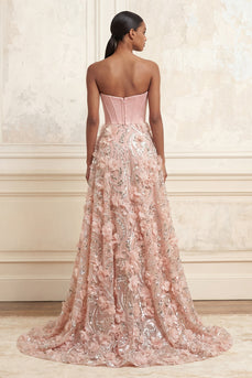 A Line Floral Corset Sparkly Strapless Blush Long Beaded Prom Dress