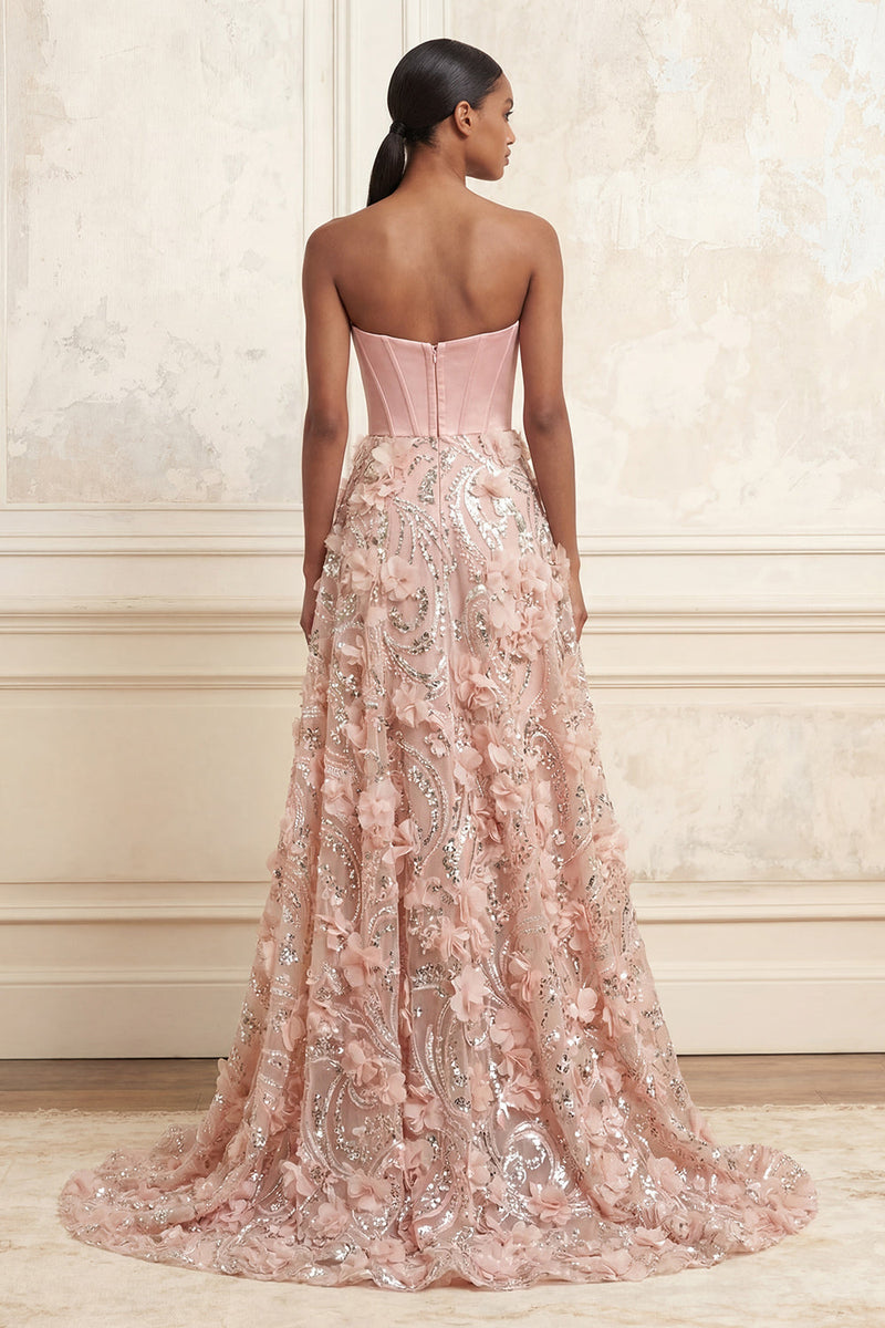 Load image into Gallery viewer, A Line Floral Corset Sparkly Strapless Blush Long Beaded Prom Dress