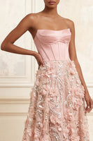 Load image into Gallery viewer, A Line Floral Corset Sparkly Strapless Blush Long Beaded Prom Dress