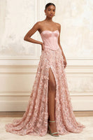 Load image into Gallery viewer, Long Strapless Beaded A Line Corset Floral Sparkly Blush Prom Dress with Slit