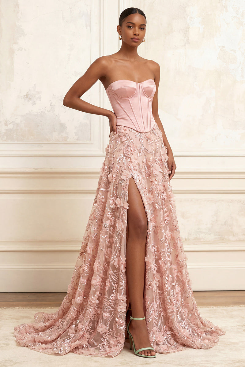 Load image into Gallery viewer, Long Strapless Beaded A Line Corset Floral Sparkly Blush Prom Dress with Slit