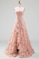 Load image into Gallery viewer, Long Strapless Beaded A Line Corset Floral Sparkly Blush Prom Dress with Slit