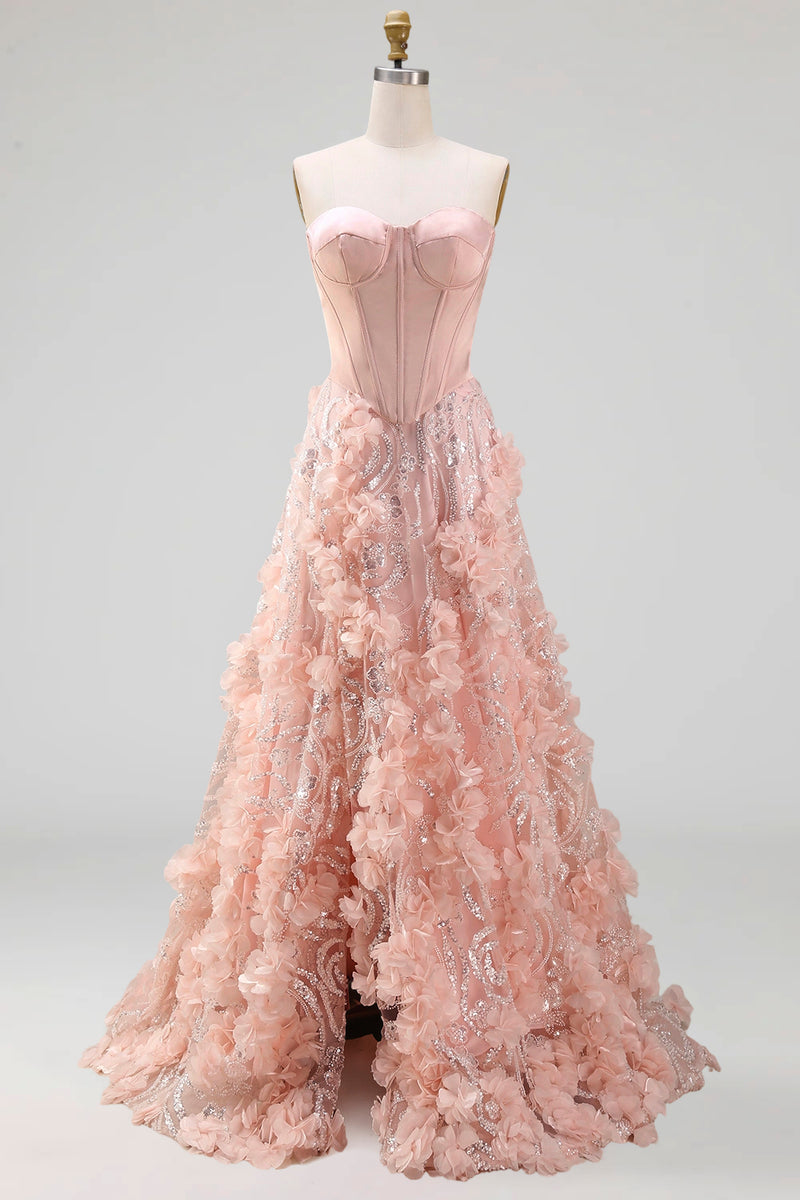 Load image into Gallery viewer, Long Strapless Beaded A Line Corset Floral Sparkly Blush Prom Dress with Slit