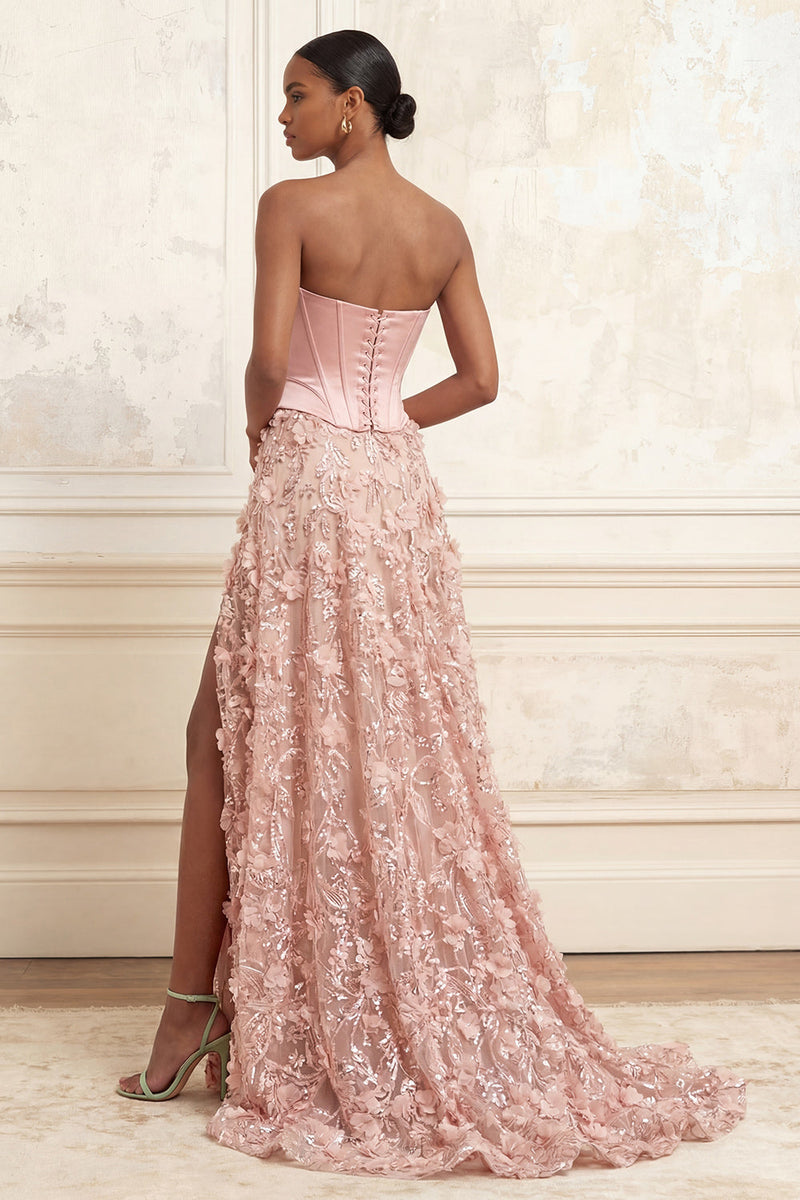 Load image into Gallery viewer, Long Strapless Beaded A Line Corset Floral Sparkly Blush Prom Dress with Slit