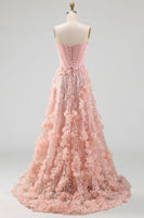 Load image into Gallery viewer, Long Strapless Beaded A Line Corset Floral Sparkly Blush Prom Dress with Slit