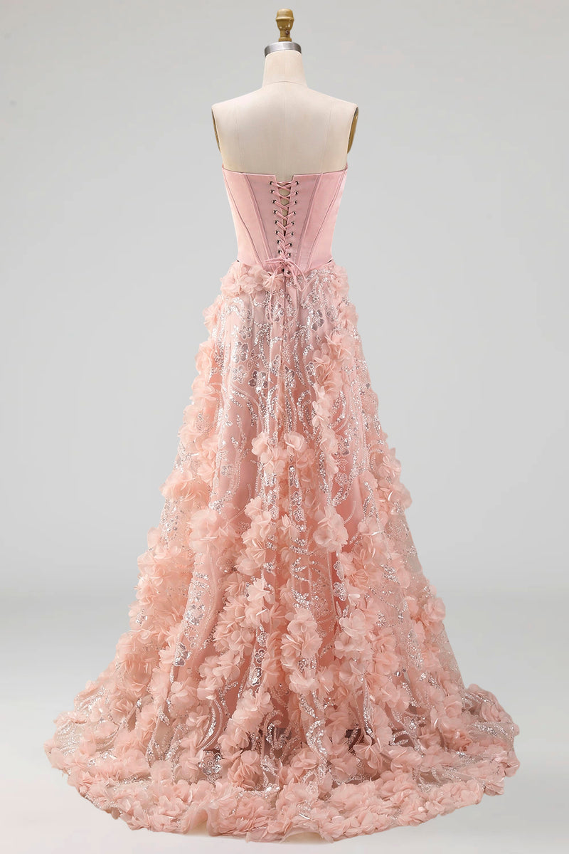 Load image into Gallery viewer, Long Strapless Beaded A Line Corset Floral Sparkly Blush Prom Dress with Slit