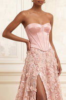 Load image into Gallery viewer, Long Strapless Beaded A Line Corset Floral Sparkly Blush Prom Dress with Slit