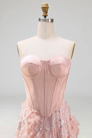Load image into Gallery viewer, Long Strapless Beaded A Line Corset Floral Sparkly Blush Prom Dress with Slit