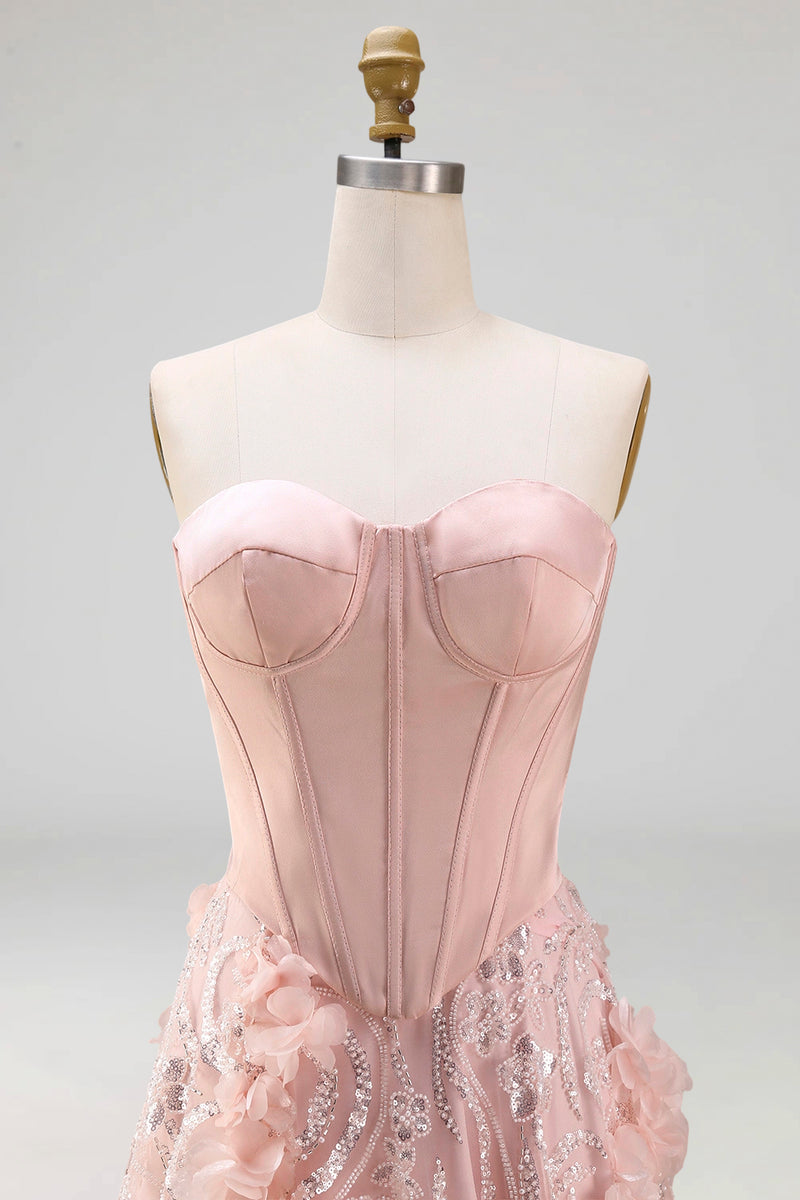 Load image into Gallery viewer, Long Strapless Beaded A Line Corset Floral Sparkly Blush Prom Dress with Slit