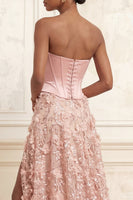 Load image into Gallery viewer, Long Strapless Beaded A Line Corset Floral Sparkly Blush Prom Dress with Slit