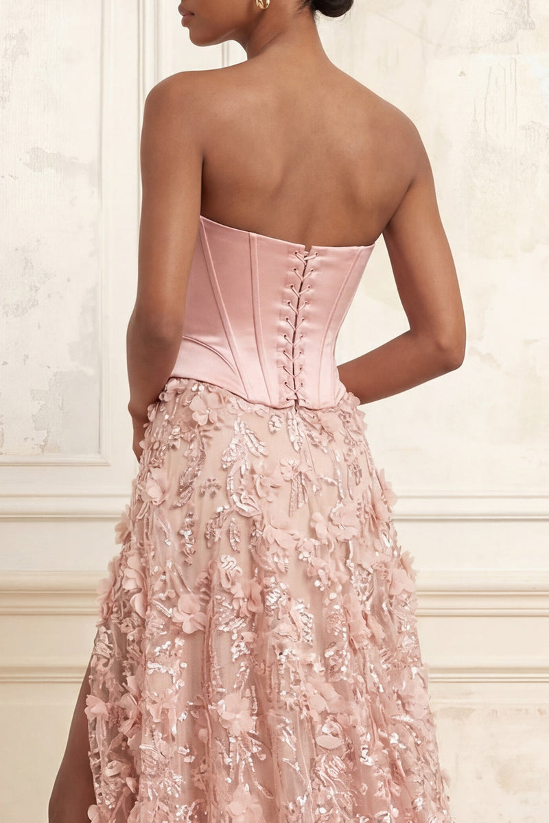 Load image into Gallery viewer, Long Strapless Beaded A Line Corset Floral Sparkly Blush Prom Dress with Slit