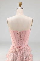 Load image into Gallery viewer, Long Strapless Beaded A Line Corset Floral Sparkly Blush Prom Dress with Slit