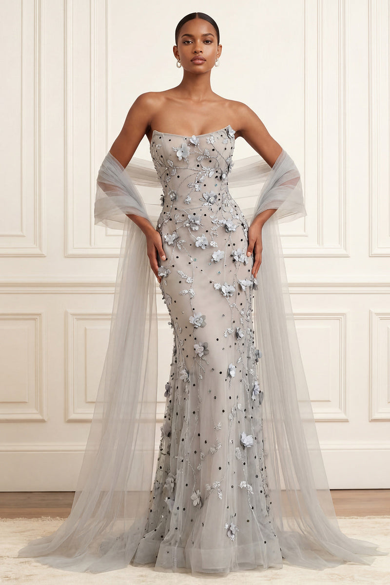 Load image into Gallery viewer, Floral Silver Long Mermaid Strapless Prom Dress with Shawl