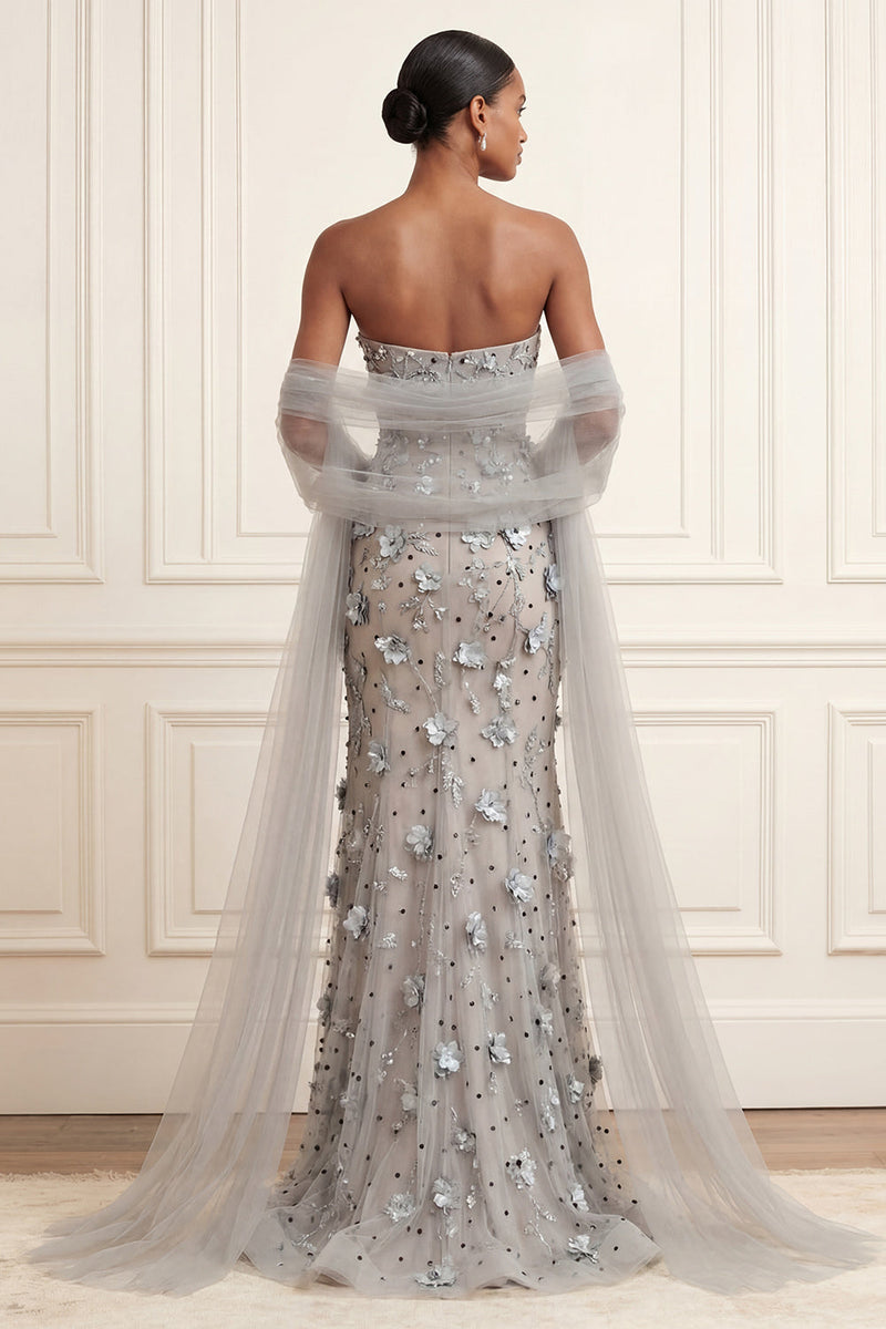 Load image into Gallery viewer, Floral Silver Long Mermaid Strapless Prom Dress with Shawl
