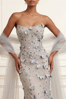 Load image into Gallery viewer, Floral Silver Long Mermaid Strapless Prom Dress with Shawl