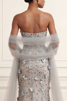 Load image into Gallery viewer, Floral Silver Long Mermaid Strapless Prom Dress with Shawl