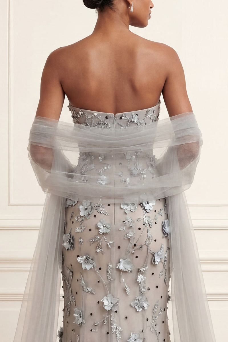 Load image into Gallery viewer, Floral Silver Long Mermaid Strapless Prom Dress with Shawl